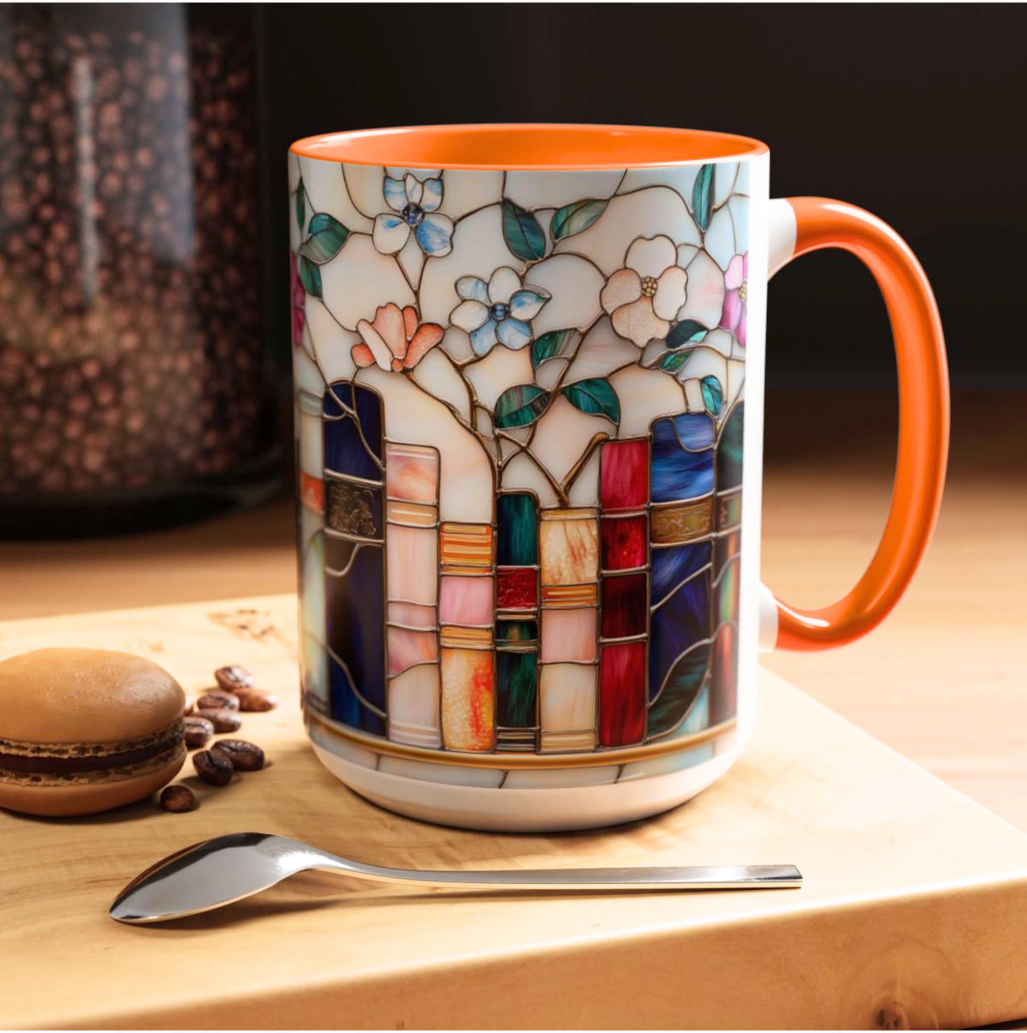 Stained Glass Floral Bookshelf Mug 15oz Ceramic Coffee Cup
