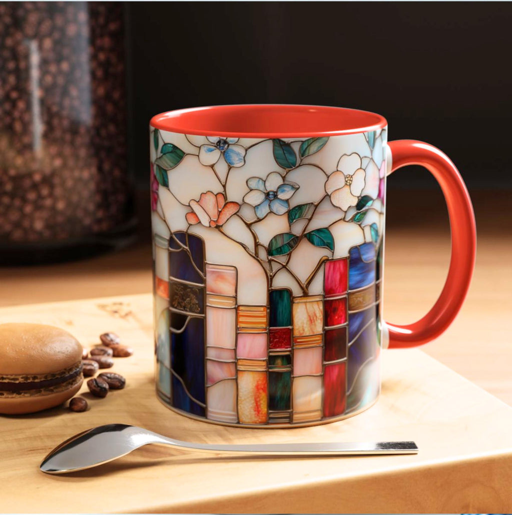 Stained Glass Floral Bookshelf Mug 15oz Ceramic Coffee Cup