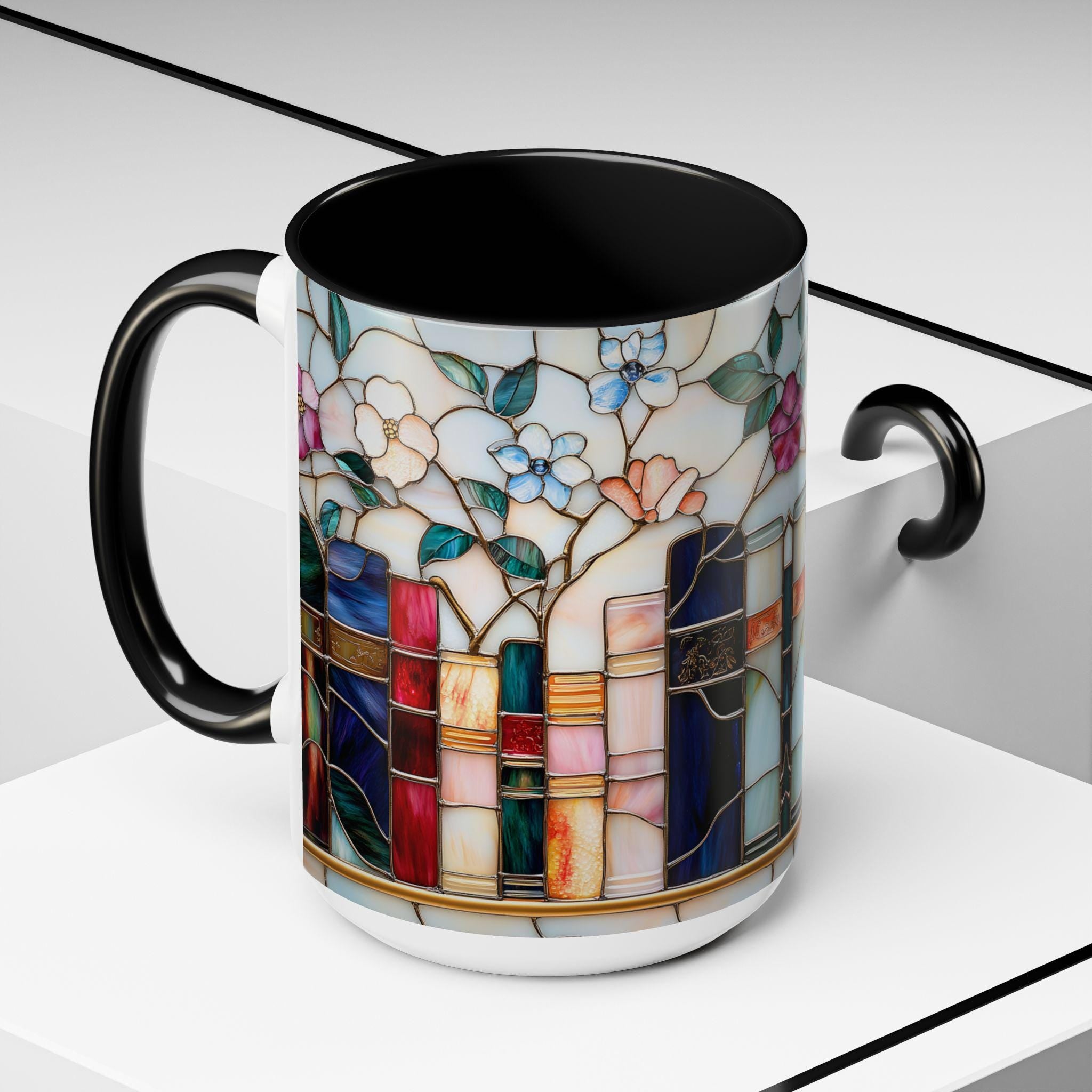 Stained Glass Floral Bookshelf Mug 15oz Ceramic Coffee Cup
