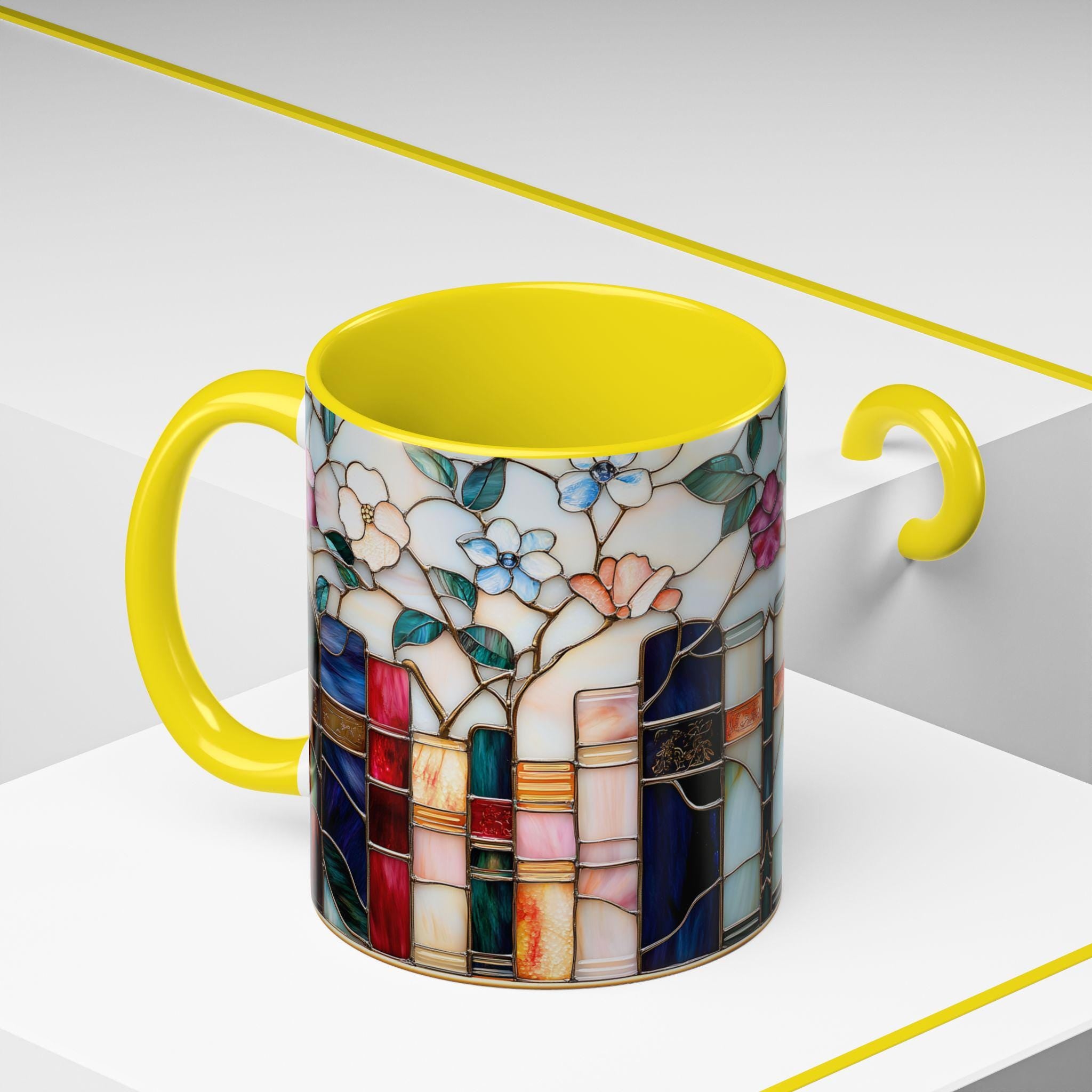 Stained Glass Floral Bookshelf Mug 15oz Ceramic Coffee Cup