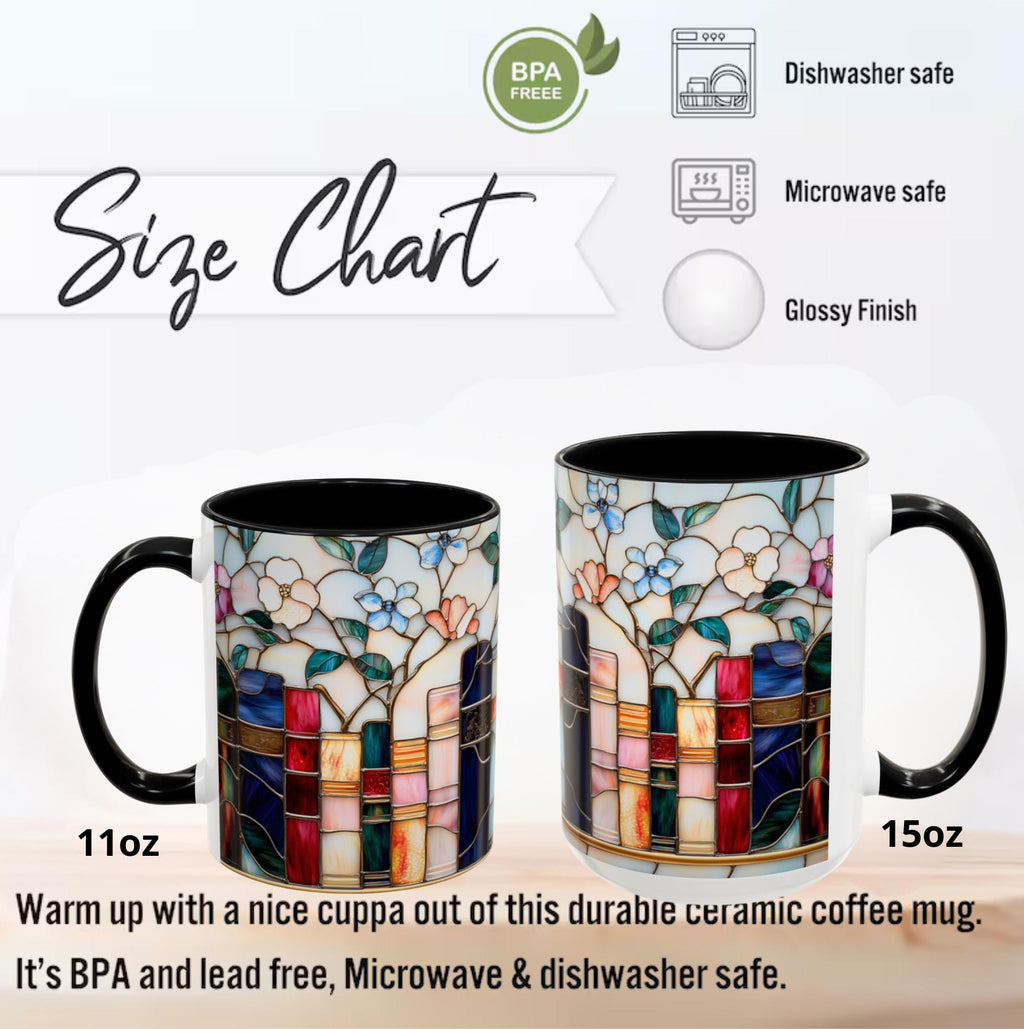 Stained Glass Floral Bookshelf Mug 15oz Ceramic Coffee Cup