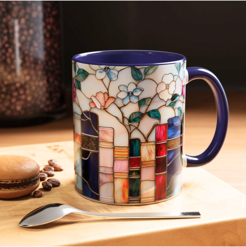 Stained Glass Floral Bookshelf Mug 15oz Ceramic Coffee Cup