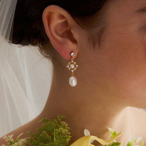 EcloraTreasures Freshwater Pearl Drop Earrings 7mm Gold Tone Bridal