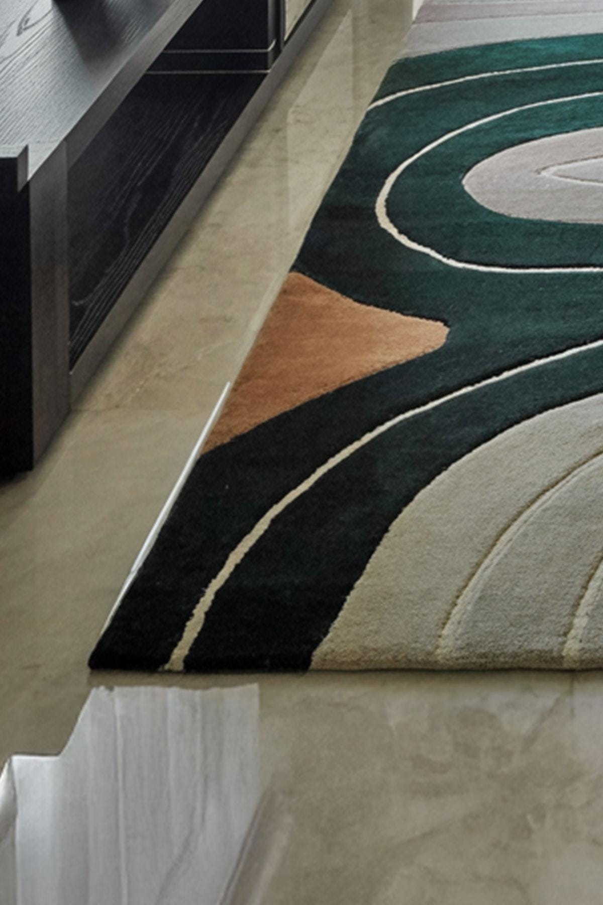 Hand Tufted Wool Area Rug, Emerald Green Rust Topographical Design