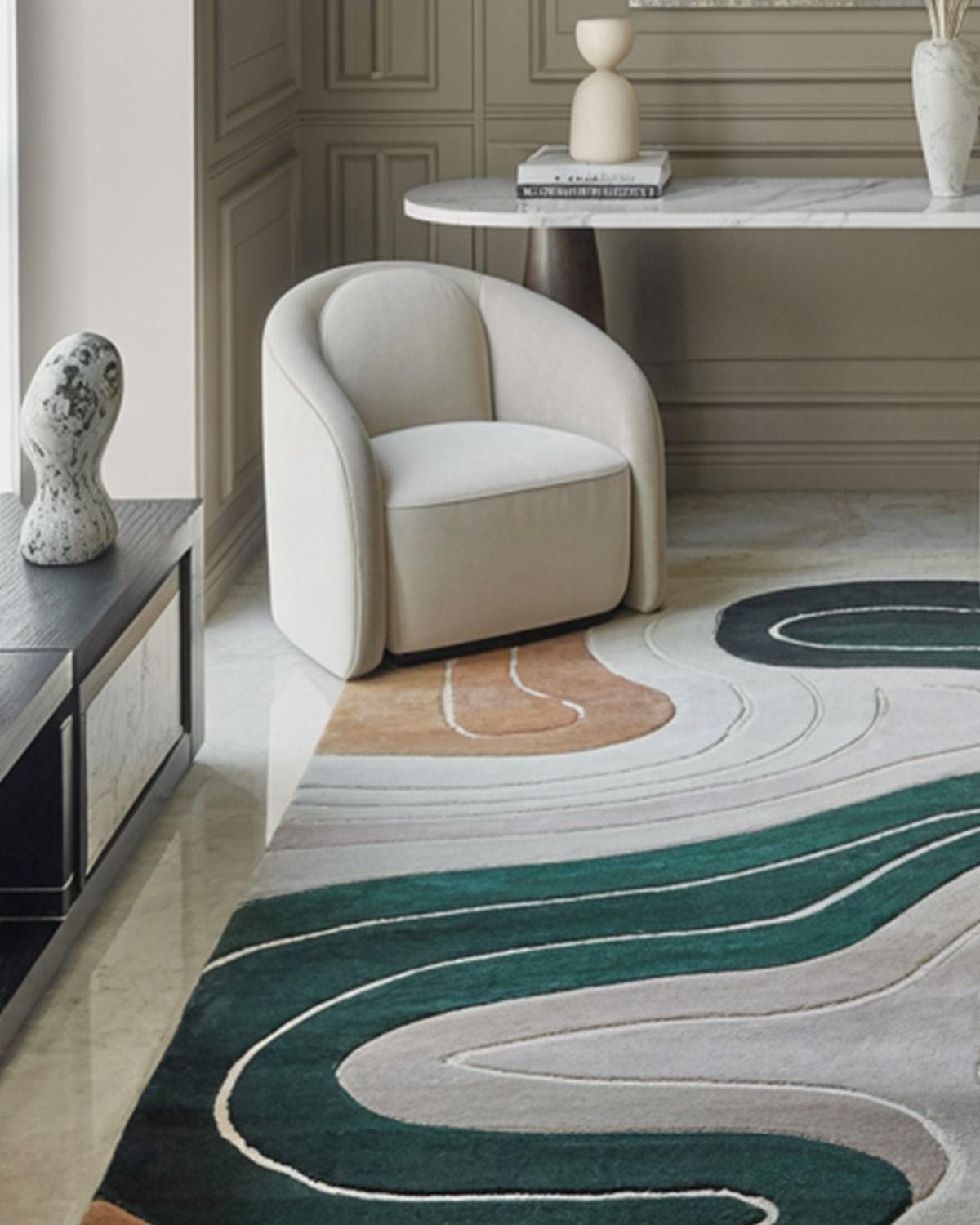 Hand Tufted Wool Area Rug, Emerald Green Rust Topographical Design