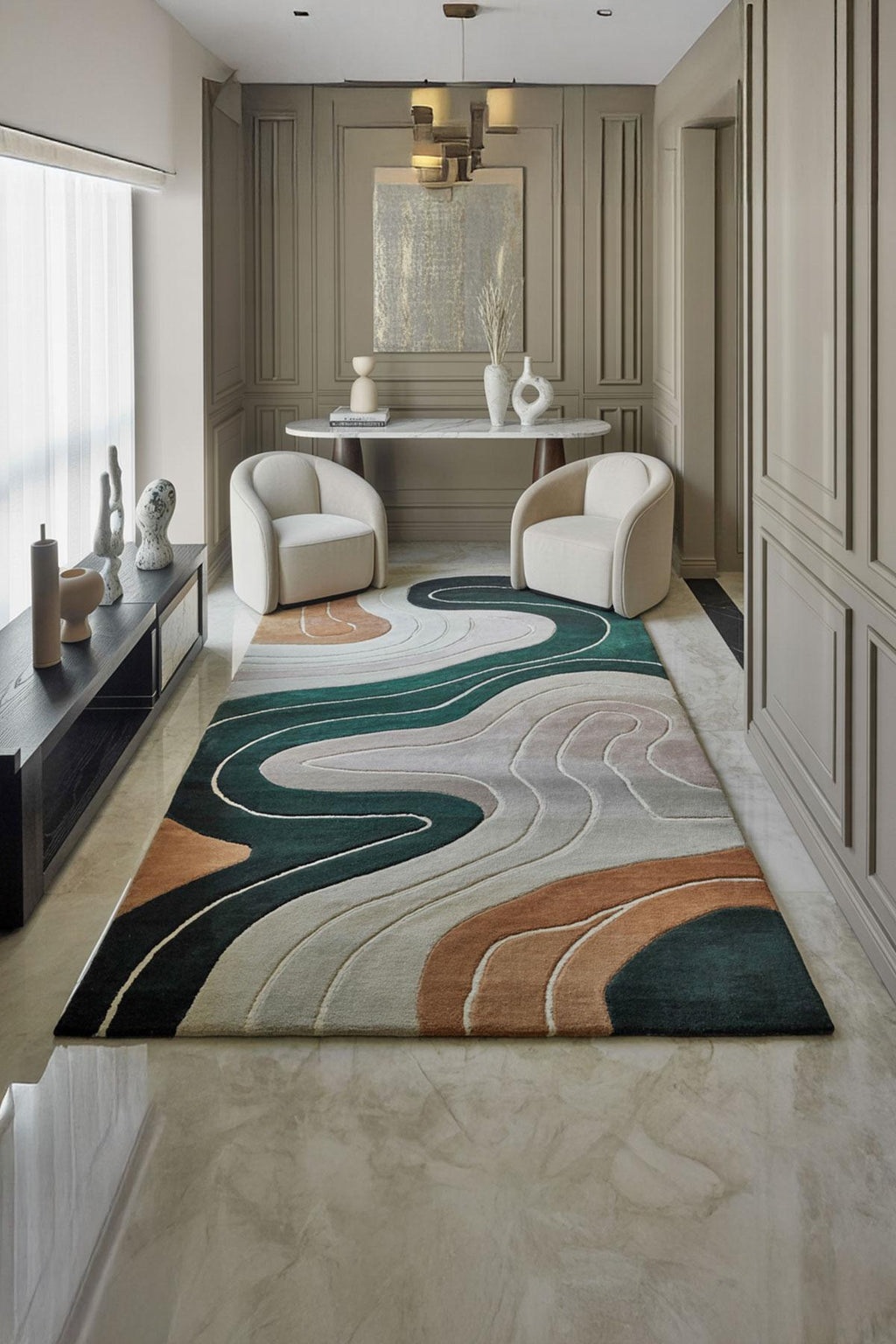Hand Tufted Wool Area Rug, Emerald Green Rust Topographical Design