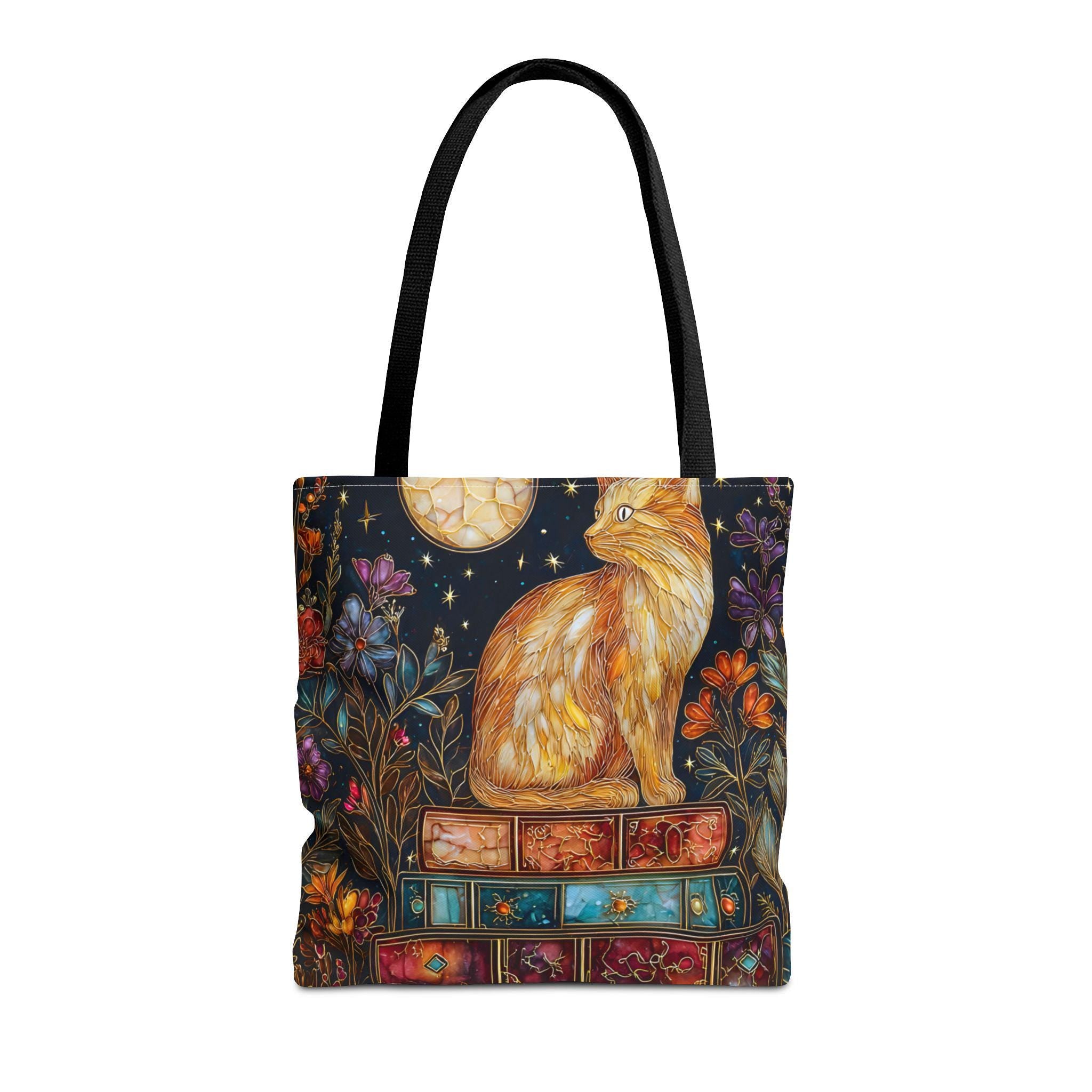 Celestial Cat Bookshelf Tote Bag Bookish Floral Reading Cozy