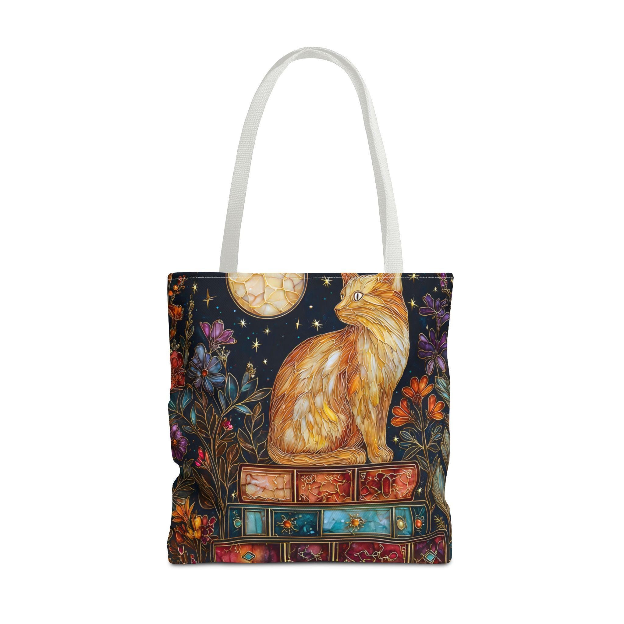 Celestial Cat Bookshelf Tote Bag Bookish Floral Reading Cozy