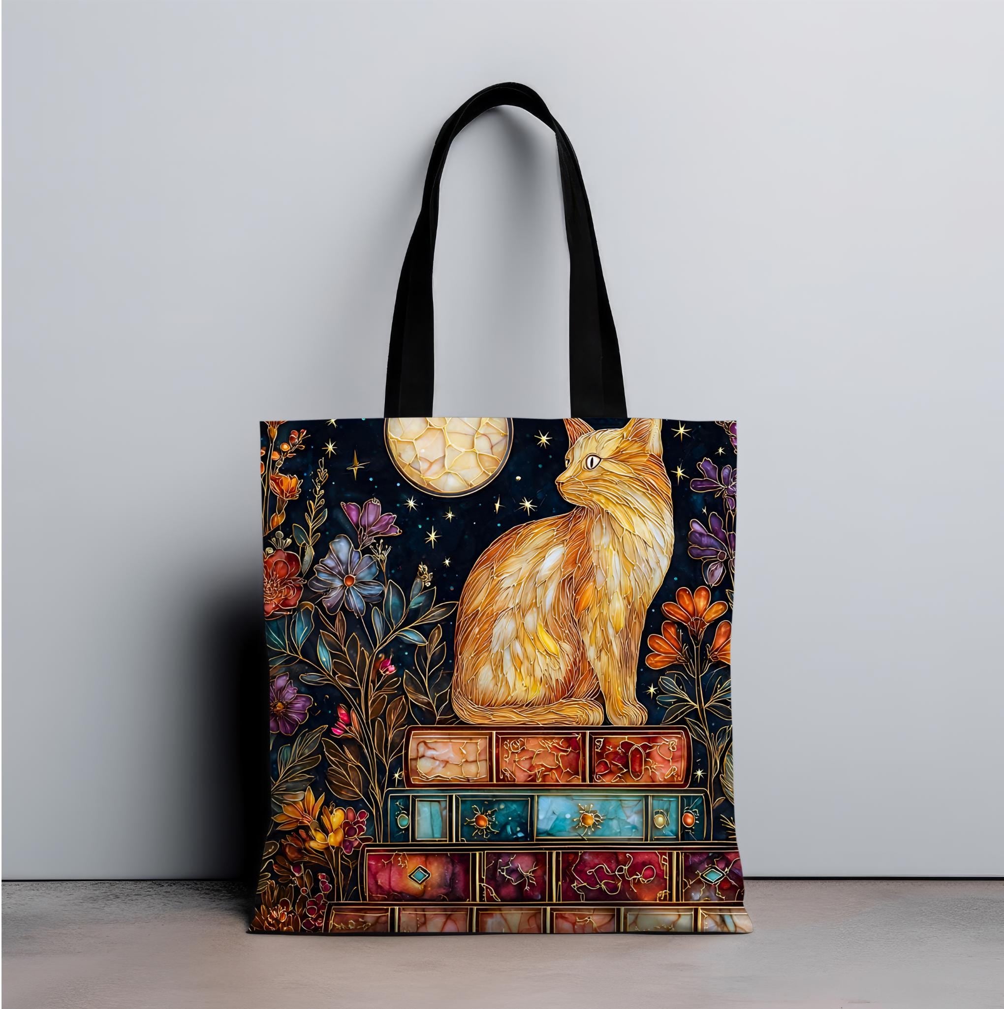Celestial Cat Bookshelf Tote Bag Bookish Floral Reading Cozy