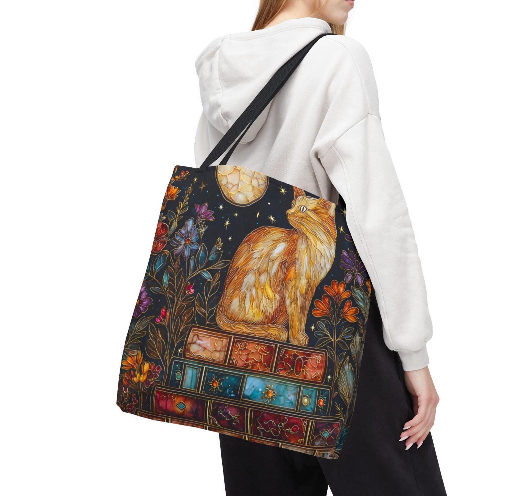 Celestial Cat Bookshelf Tote Bag Bookish Floral Reading Cozy