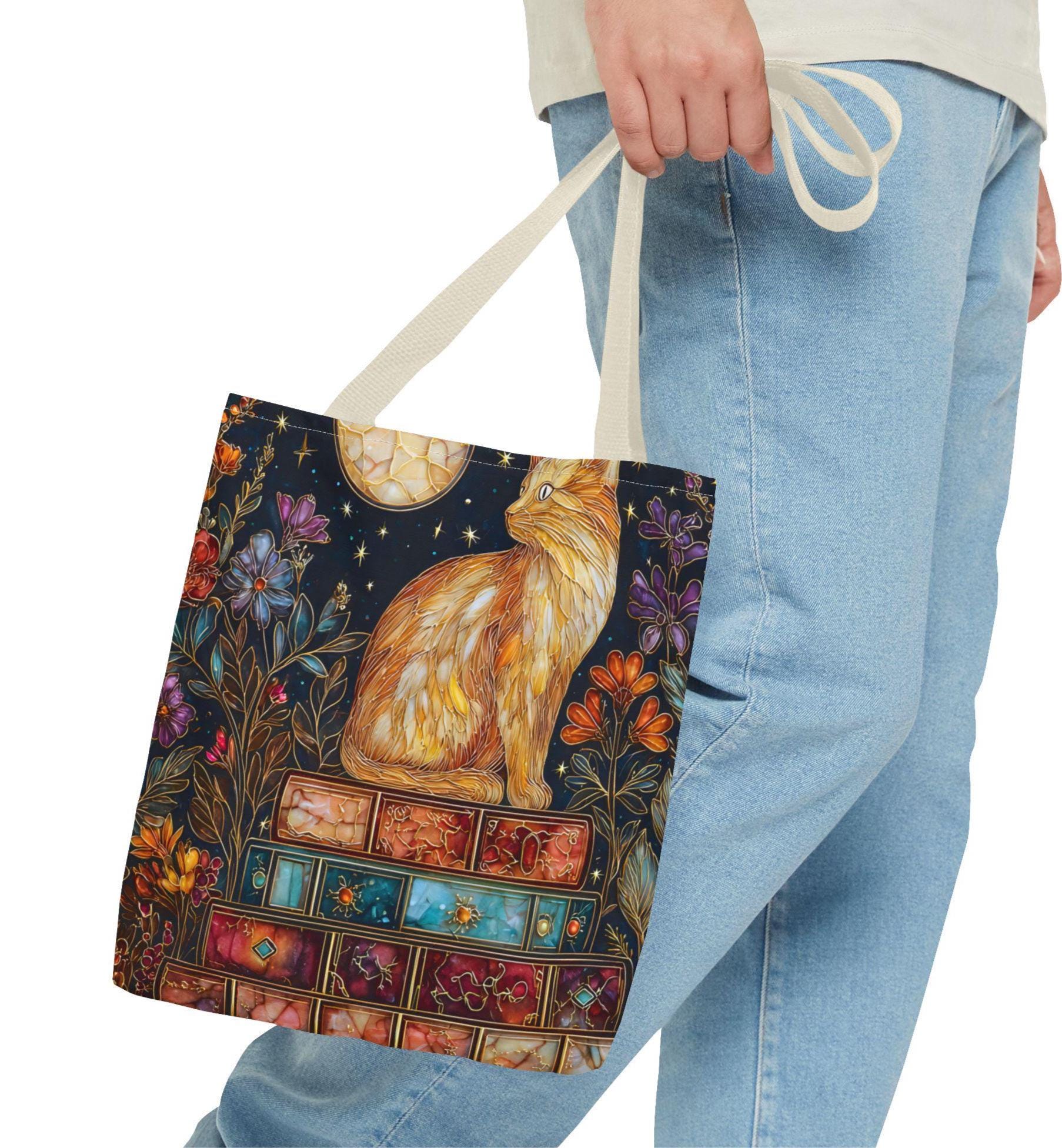 Celestial Cat Bookshelf Tote Bag Bookish Floral Reading Cozy