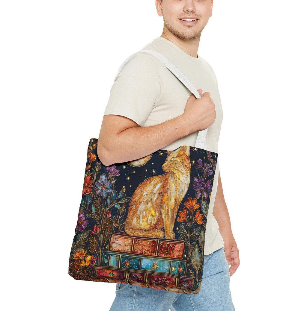 Celestial Cat Bookshelf Tote Bag Bookish Floral Reading Cozy
