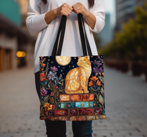 Celestial Cat Bookshelf Tote Bag Bookish Floral Reading Cozy