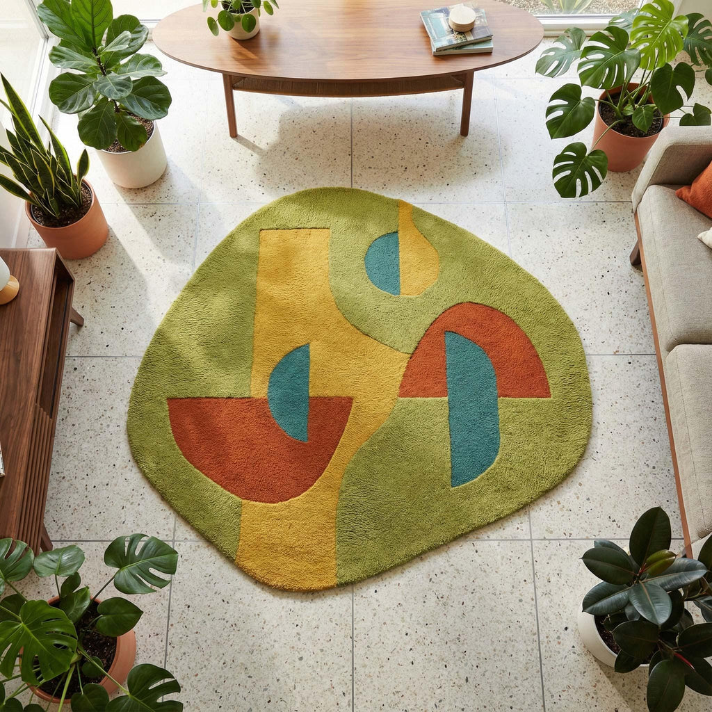 RugverseCreations Hand Tufted Wool Abstract Irregular Shaped Rug Sage Green Teal