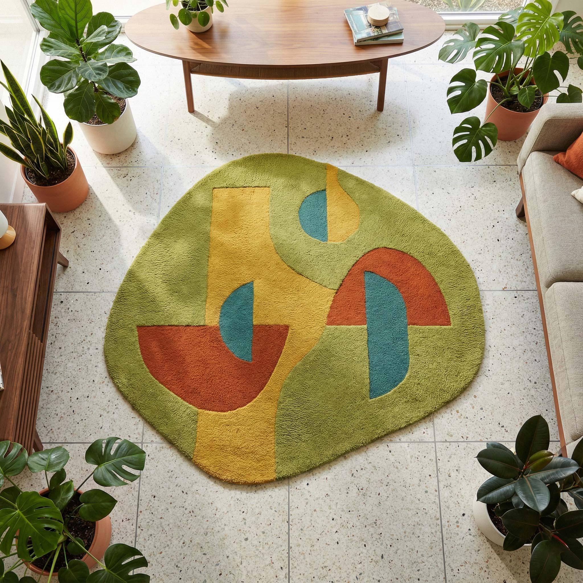 RugverseCreations Hand Tufted Wool Abstract Irregular Shaped Rug Sage Green Teal