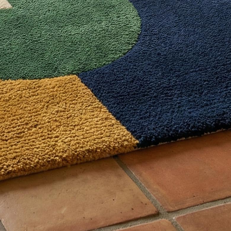 RugverseCreations Bauhaus Geometric Hand Tufted Wool Rug Navy Mustard Rust