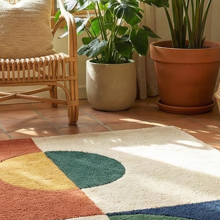RugverseCreations Bauhaus Geometric Hand Tufted Wool Rug Navy Mustard Rust
