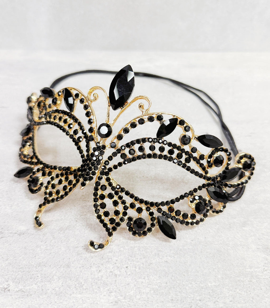 HappyJewelryWorld Gold And Black Crystal Masquerade Mask