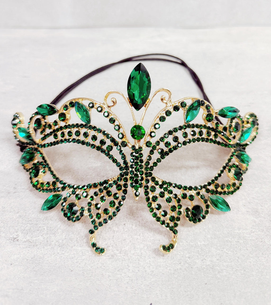 HappyJewelryWorld Gold Rhinestone Masquerade Mask Emerald Green