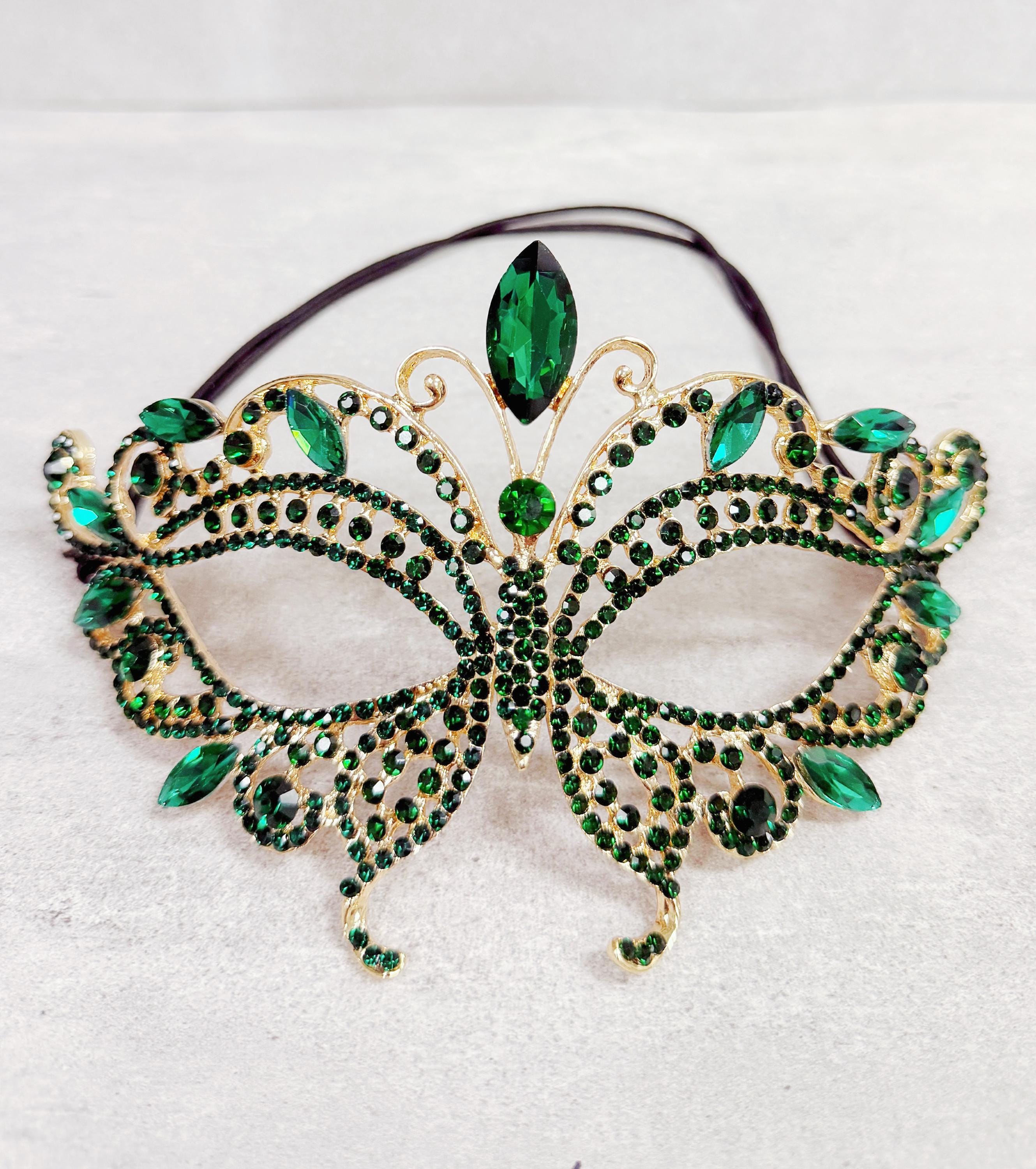 HappyJewelryWorld Gold Rhinestone Masquerade Mask Emerald Green
