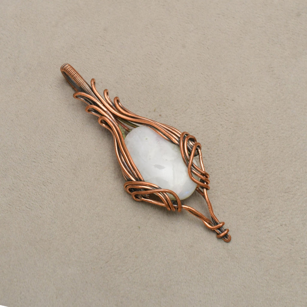 EkkJewels Copper Wire Wrapped Rainbow Moonstone Pendant Necklace