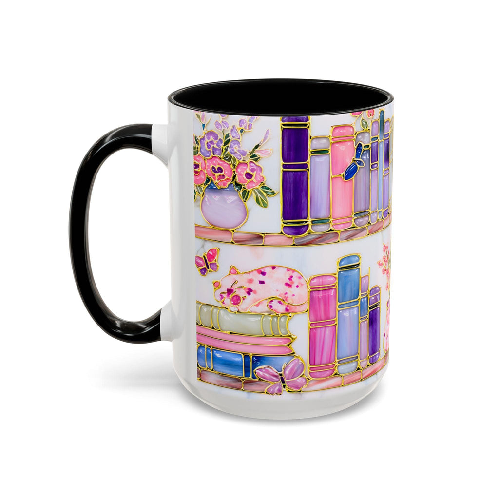 Floral Bookshelf Cat Mug, Stained Glass Effect Coffee Cup, Book Lover Gift