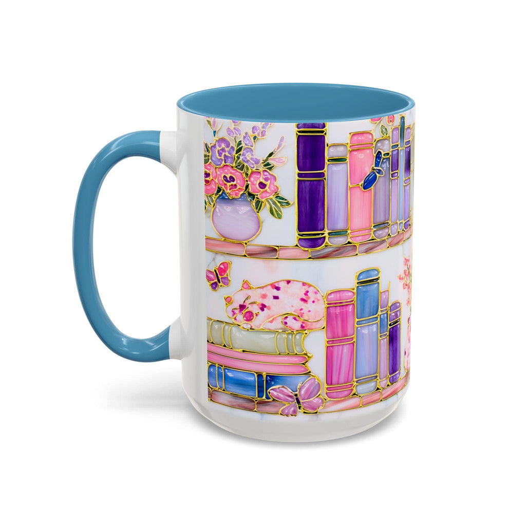 Floral Bookshelf Cat Mug, Stained Glass Effect Coffee Cup, Book Lover Gift