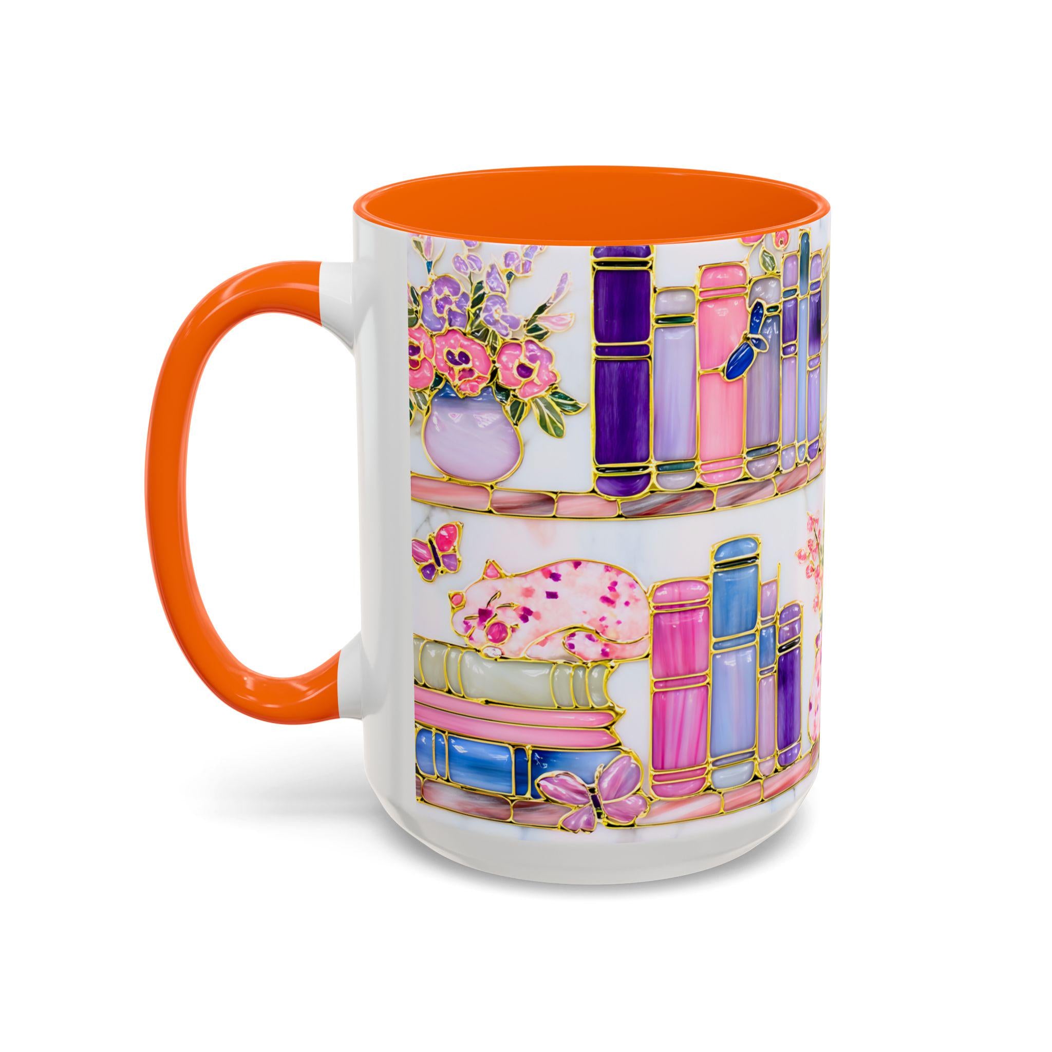 Floral Bookshelf Cat Mug, Stained Glass Effect Coffee Cup, Book Lover Gift