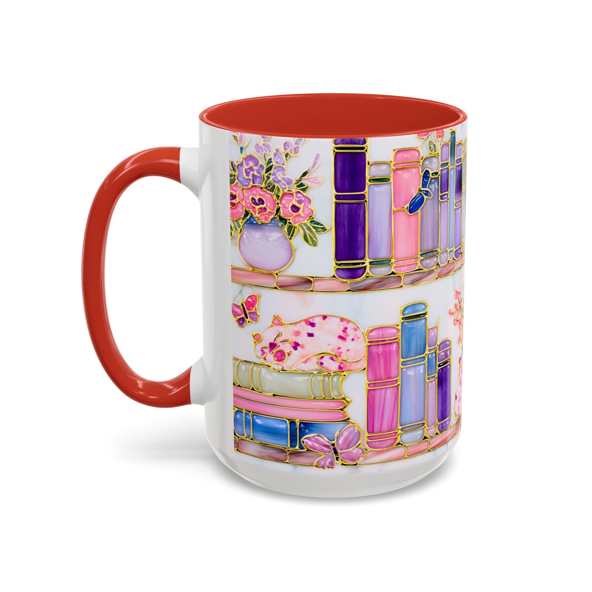 Floral Bookshelf Cat Mug, Stained Glass Effect Coffee Cup, Book Lover Gift