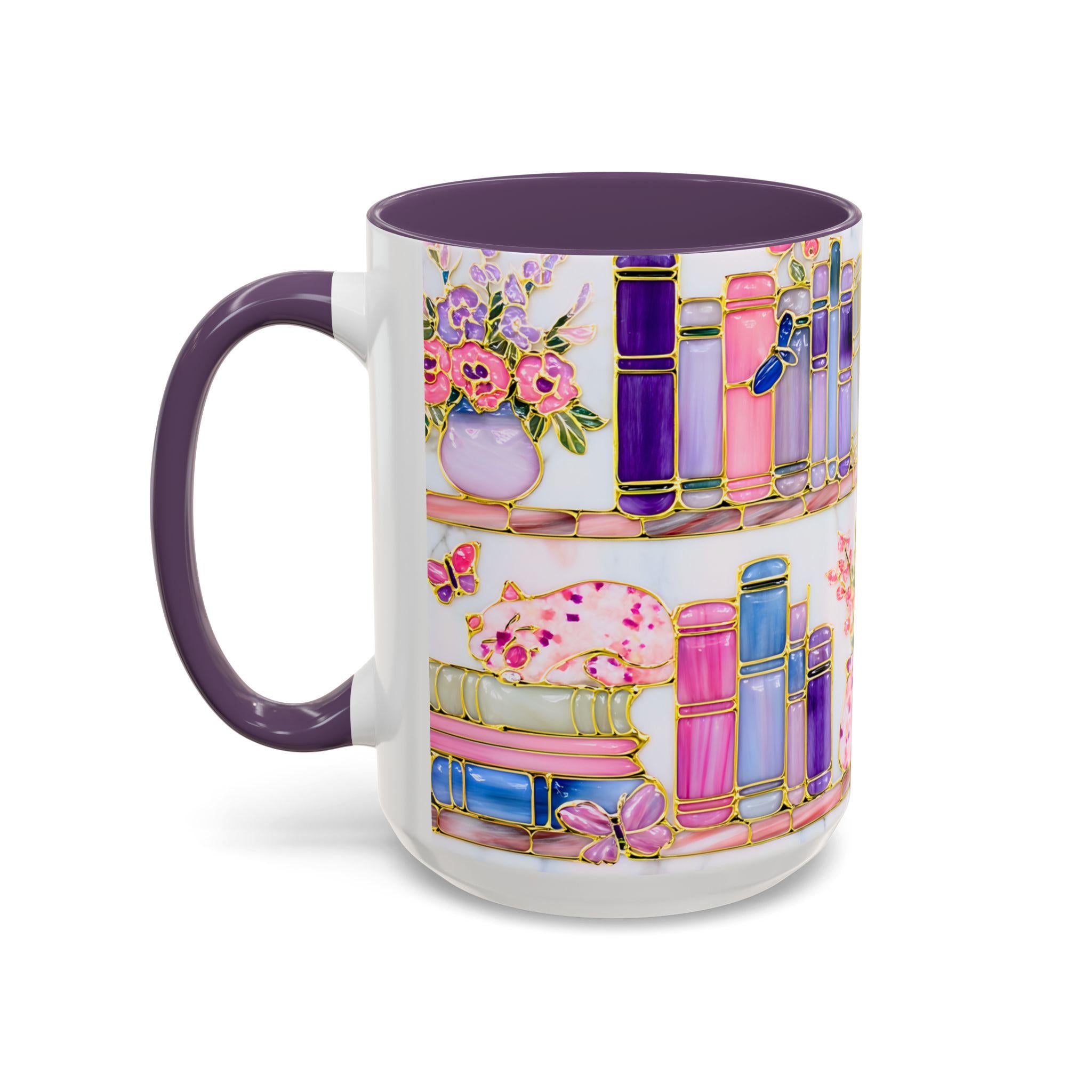 Floral Bookshelf Cat Mug, Stained Glass Effect Coffee Cup, Book Lover Gift