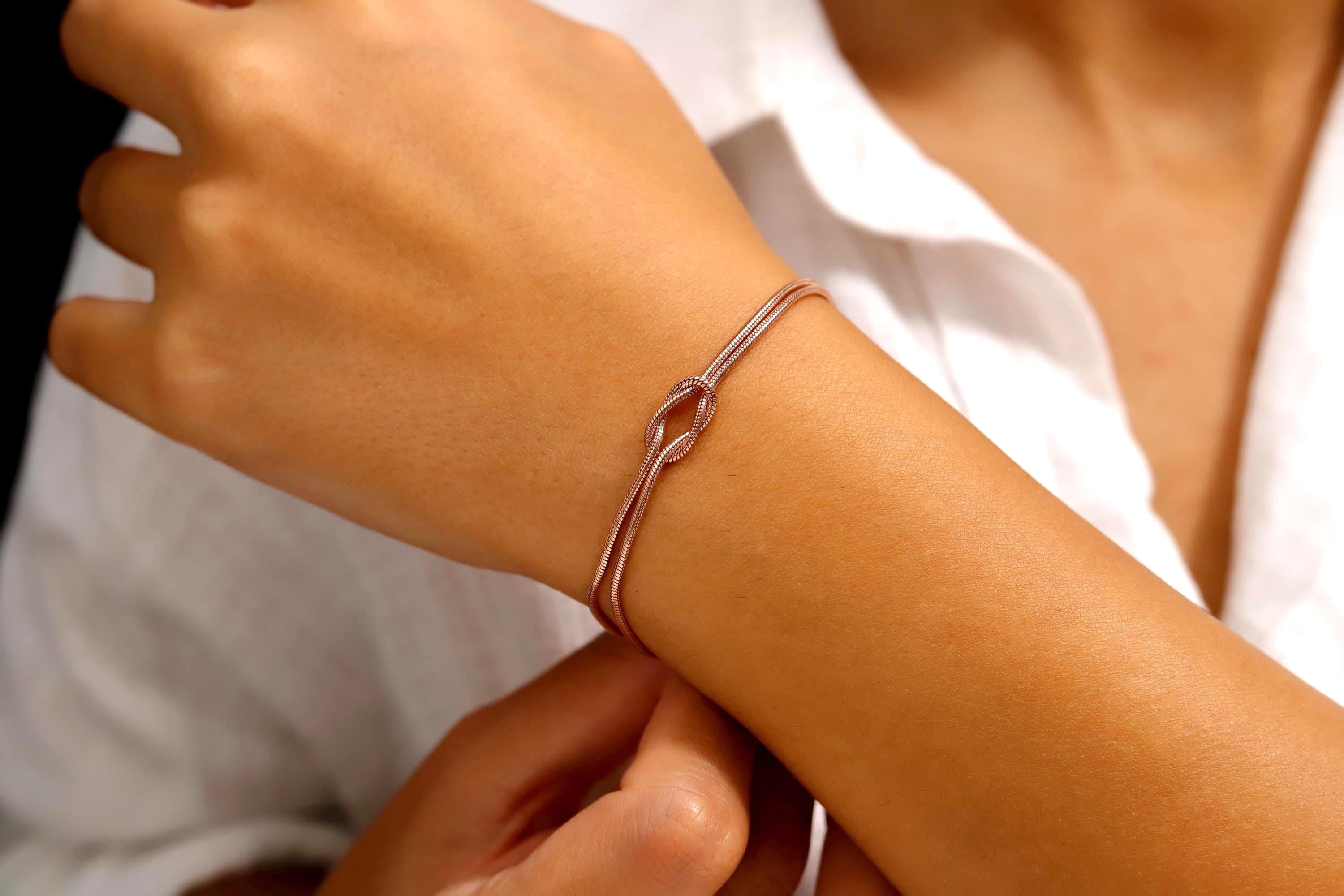 SilverGoldandRose 14K Gold Love Knot Bracelet Dainty Snake Chain