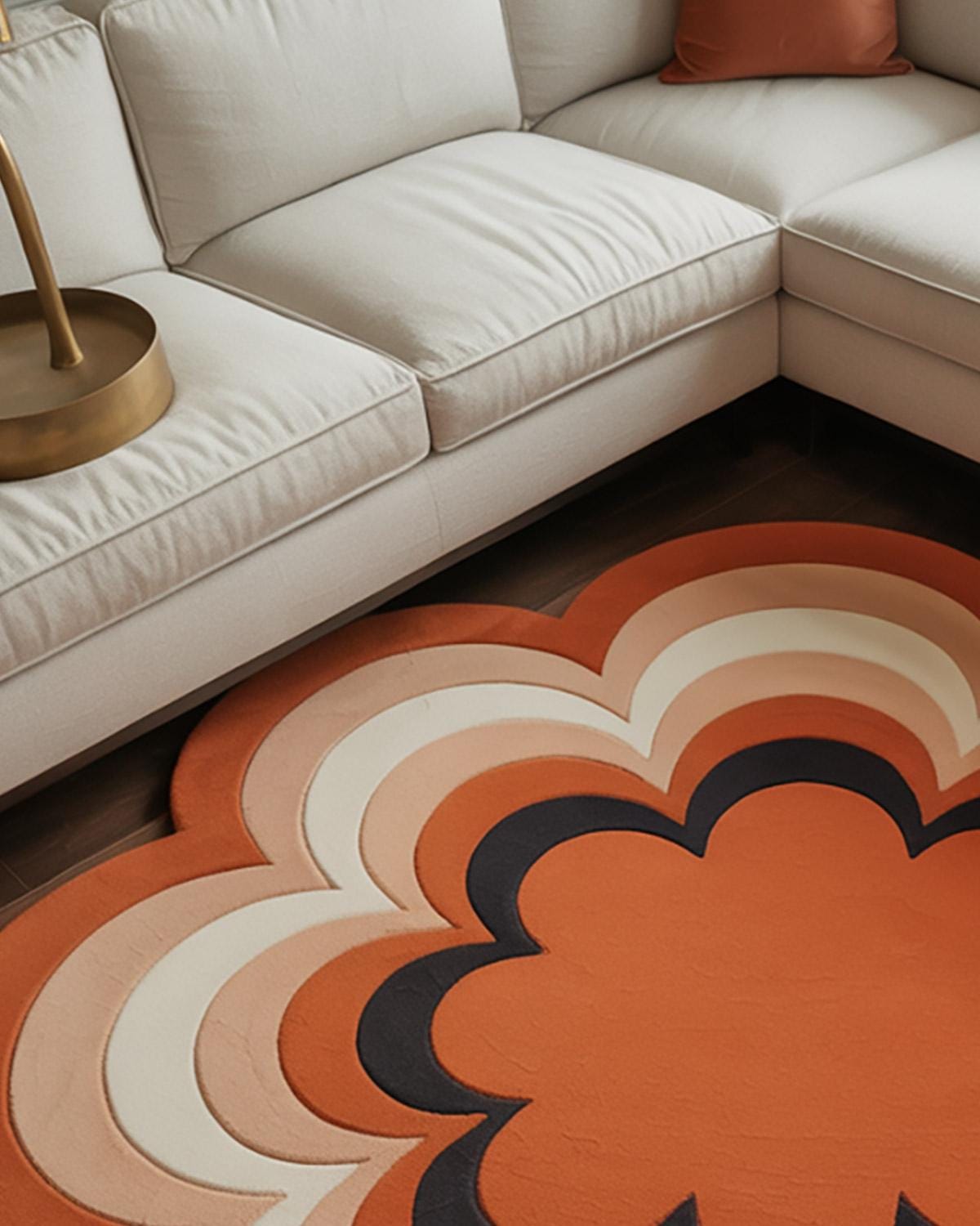 RugverseCreations Retro 70s Hand-Tufted Wool Rug Scalloped Flower Orange Gradient