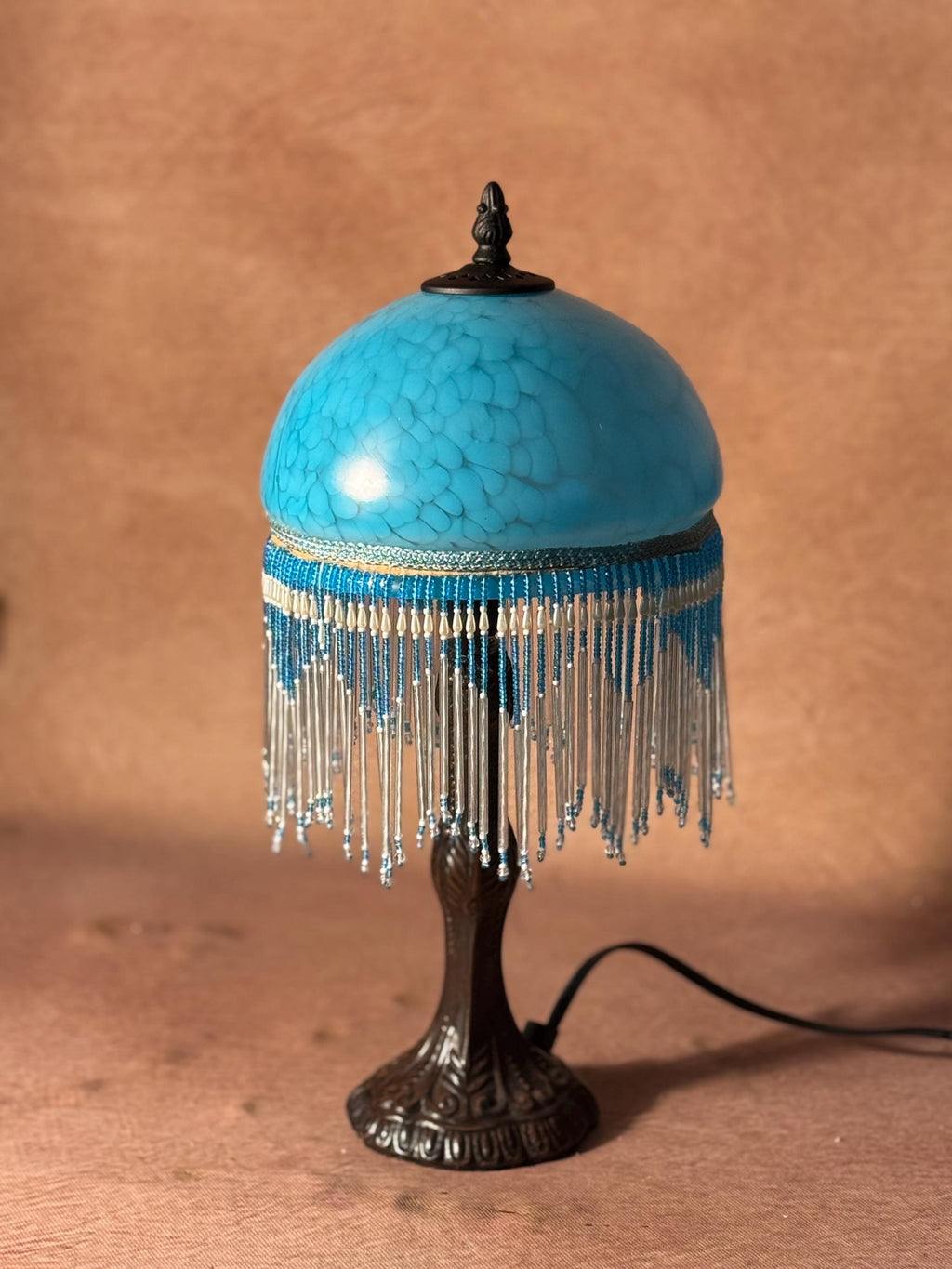 U2Antique Vintage Stained Glass Table Lamp with Beaded Fringe