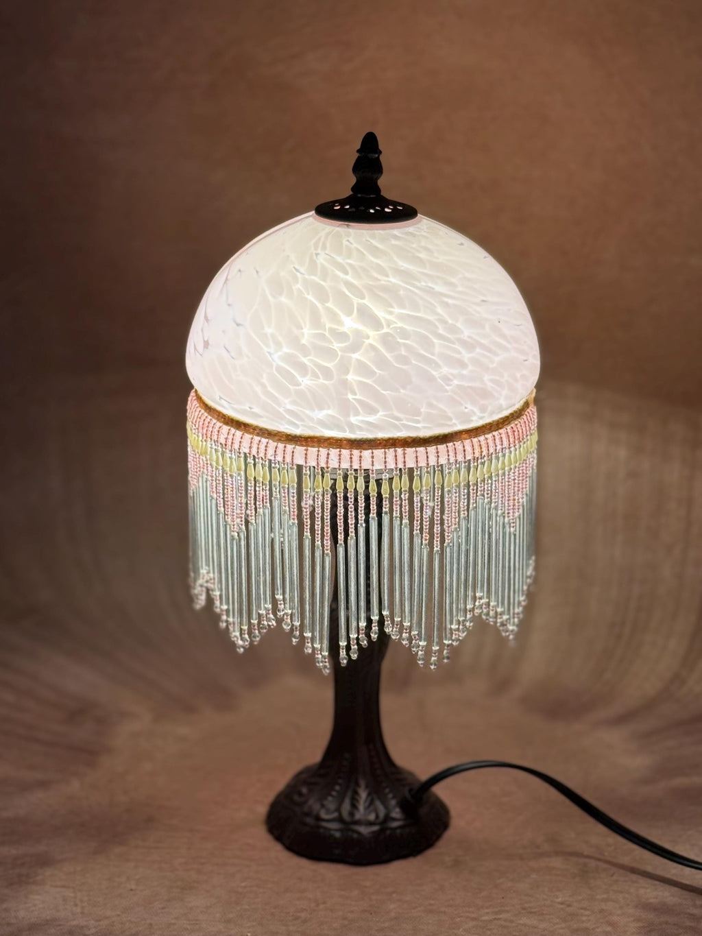 U2Antique Vintage Stained Glass Table Lamp with Beaded Fringe