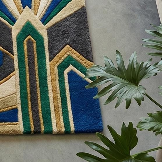 Art Deco Sunburst Hand Tufted Wool Rug Emerald Green Royal Blue