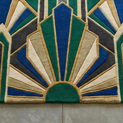 Art Deco Sunburst Hand Tufted Wool Rug Emerald Green Royal Blue