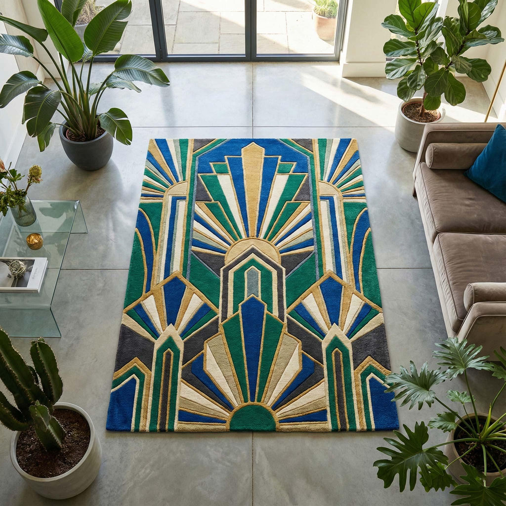 Art Deco Sunburst Hand Tufted Wool Rug Emerald Green Royal Blue