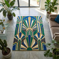 Art Deco Sunburst Hand Tufted Wool Rug Emerald Green Royal Blue