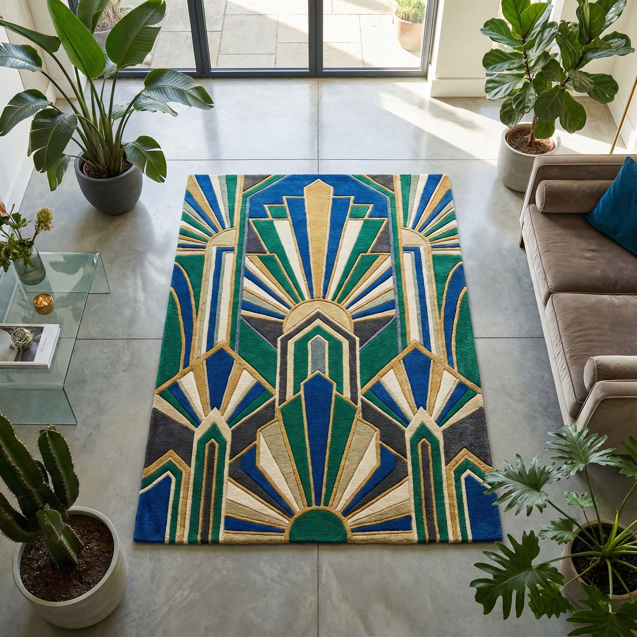 Art Deco Sunburst Hand Tufted Wool Rug Emerald Green Royal Blue
