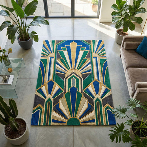 Art Deco Sunburst Hand Tufted Wool Rug Emerald Green Royal Blue