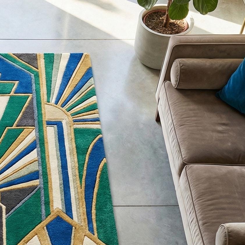 Art Deco Sunburst Hand Tufted Wool Rug Emerald Green Royal Blue
