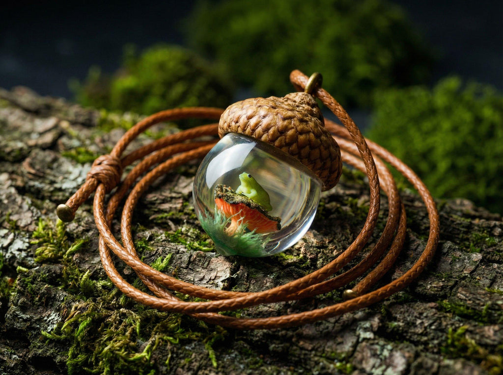 TinyNatureWorks Acorn Pendant Necklace With Mushroom Frog Resin Jewelry