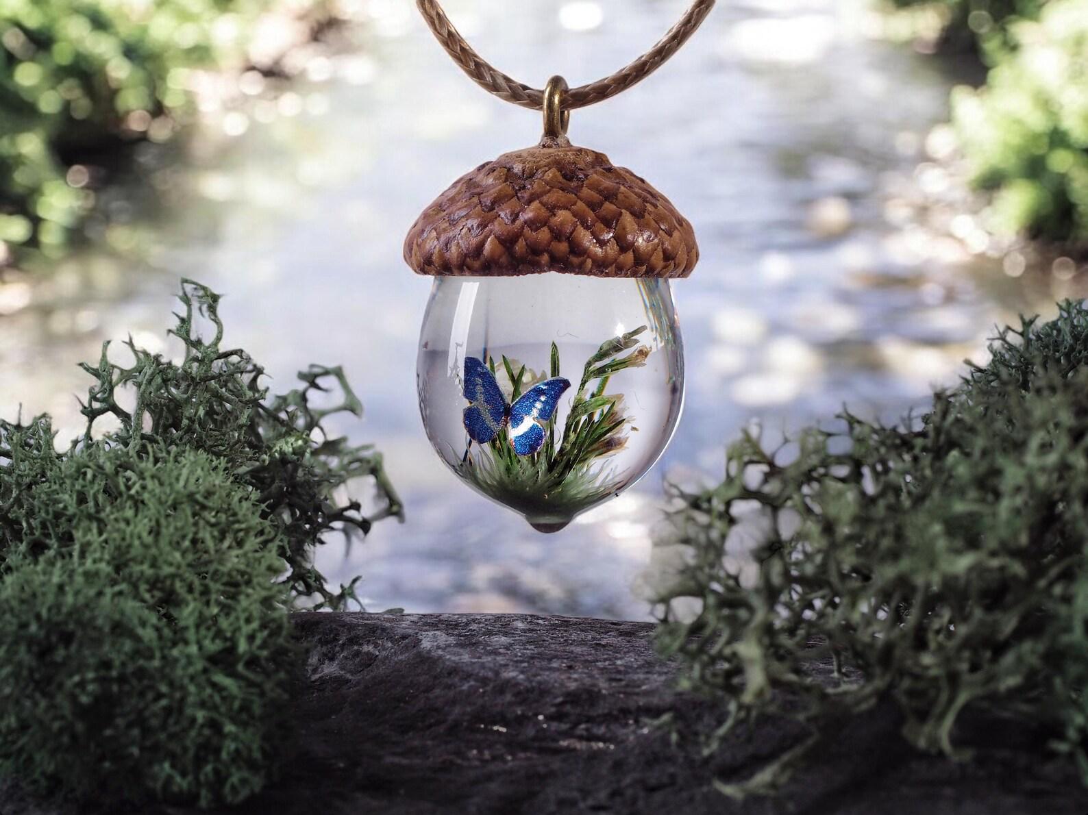 TinyNatureWorks Resin Acorn Necklace With Hand-Painted Blue Butterfly
