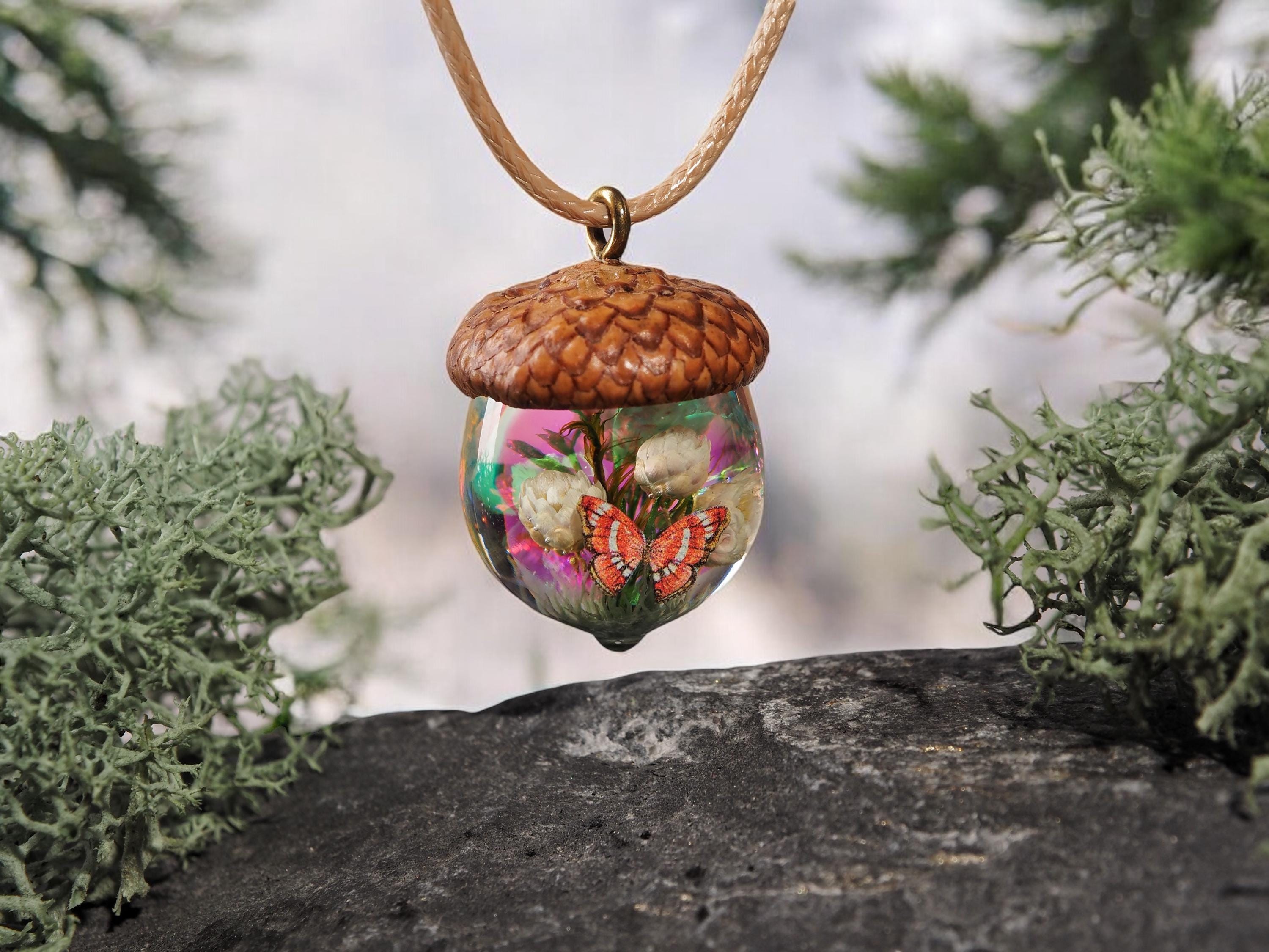 TinyNatureWorks Resin Acorn Pendant Necklace With Dried Flowers and Red Butterfly