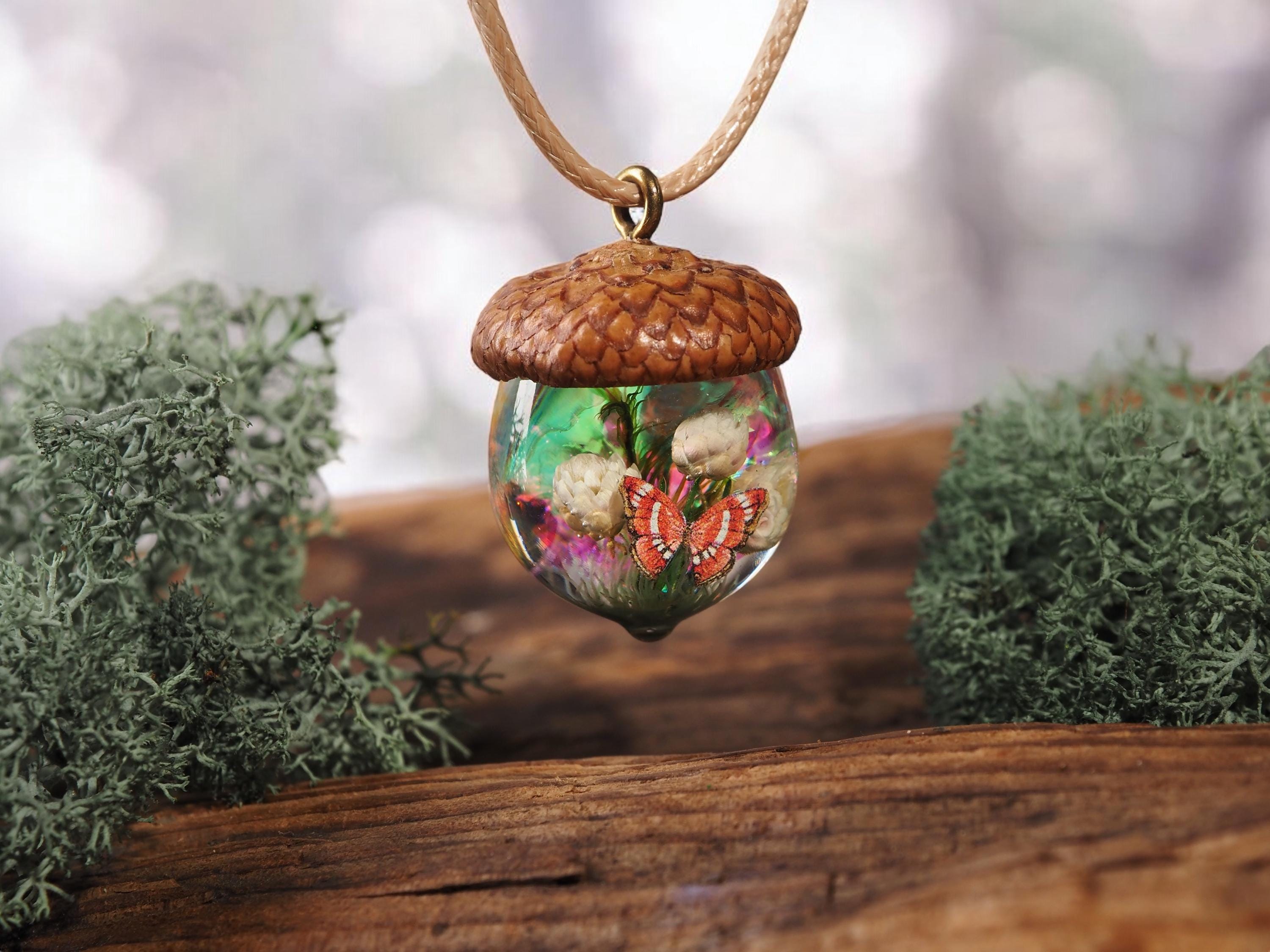 TinyNatureWorks Resin Acorn Pendant Necklace With Dried Flowers and Red Butterfly