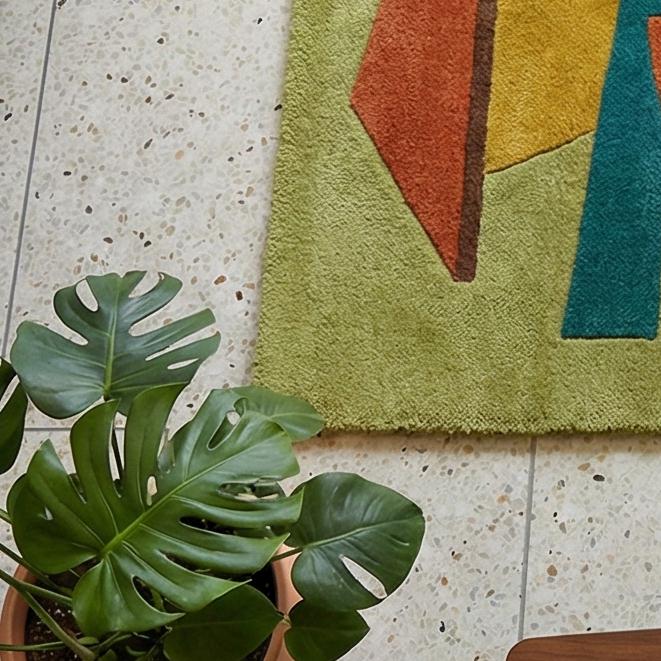 Mid Century Modern Geometric Hand Tufted Wool Rug Mustard Teal Rust