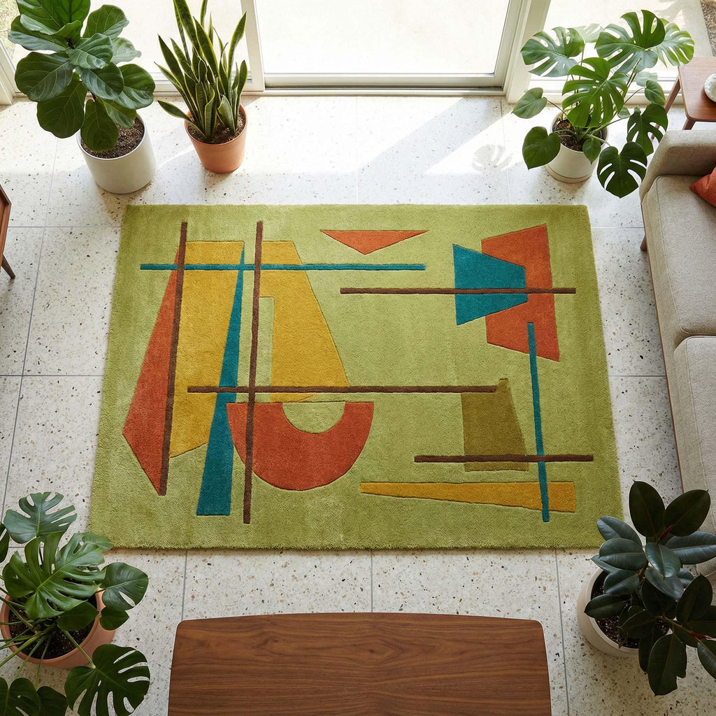 Mid Century Modern Geometric Hand Tufted Wool Rug Mustard Teal Rust