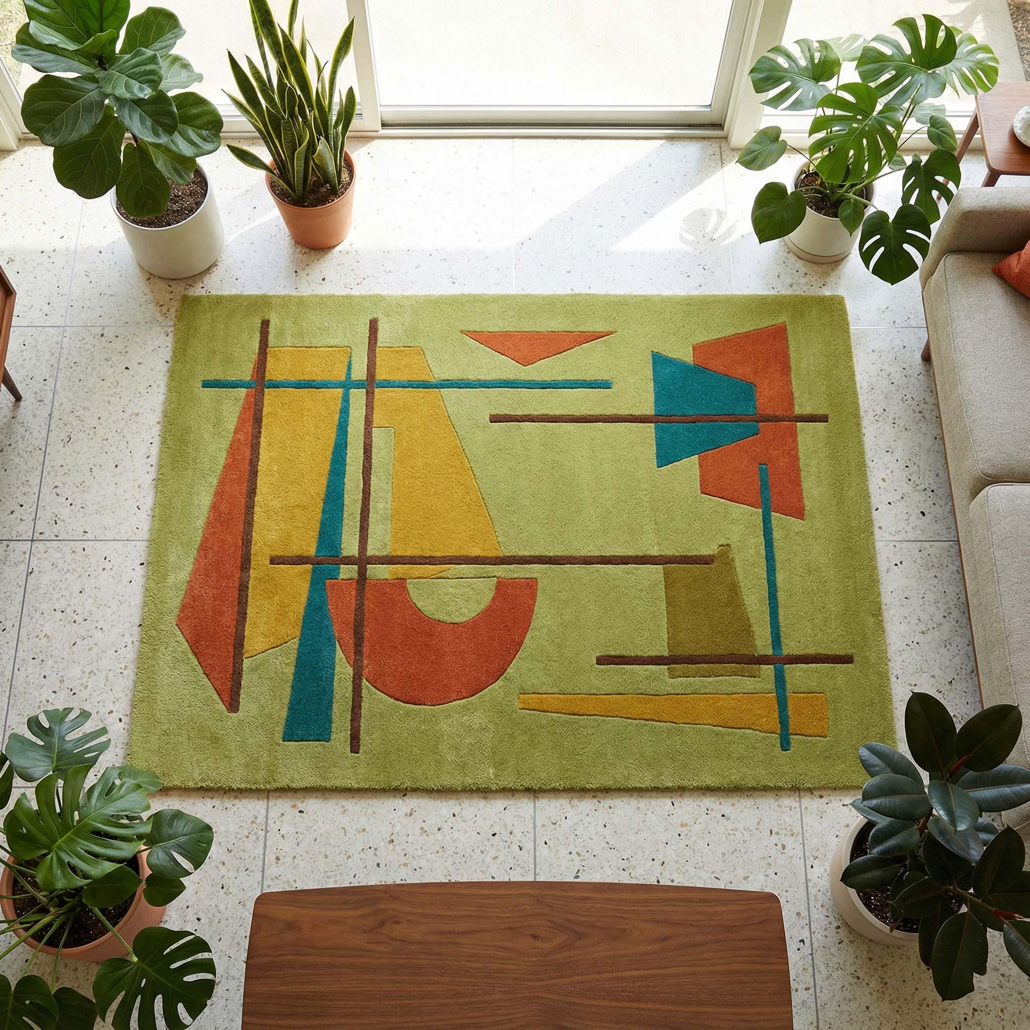 Mid Century Modern Geometric Hand Tufted Wool Rug Mustard Teal Rust