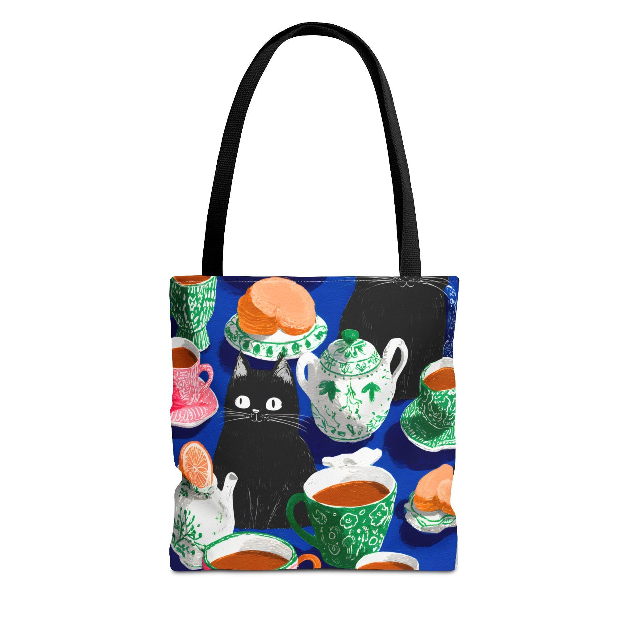Cat & Tea Party Tote Bag, Colorful Whimsical Illustration