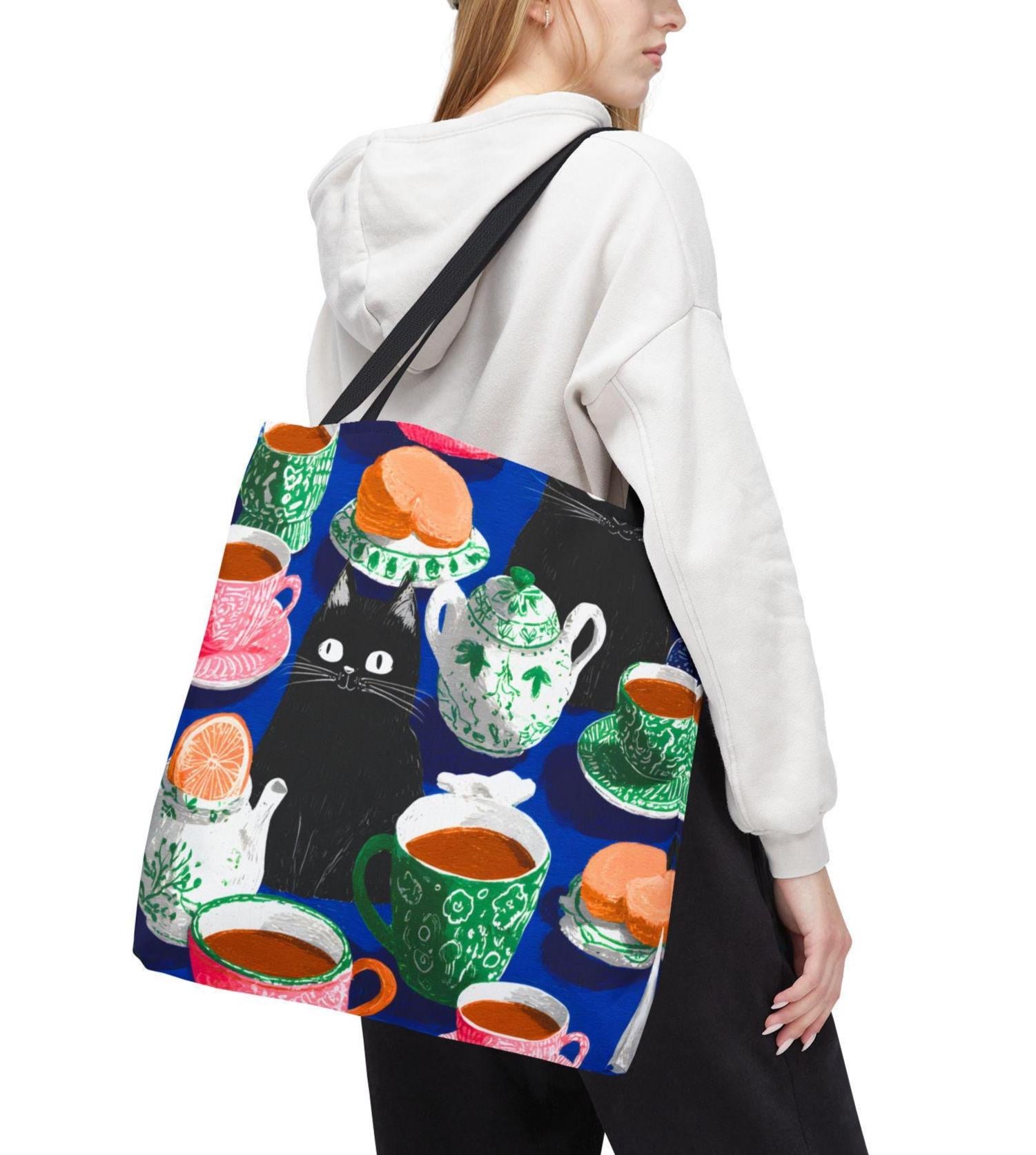Cat & Tea Party Tote Bag, Colorful Whimsical Illustration